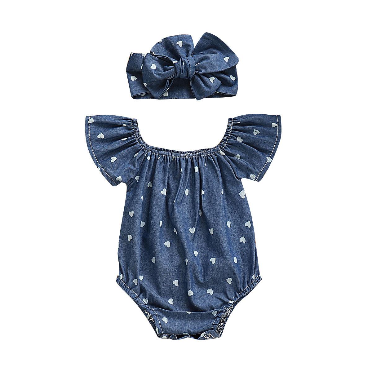 Modern Infant Baby Girls Bodysuits Headband 2PCS Hearts Love Short Sleeve Off Shoulder Jumpsuits Summer Causal Set WIth Big Bow