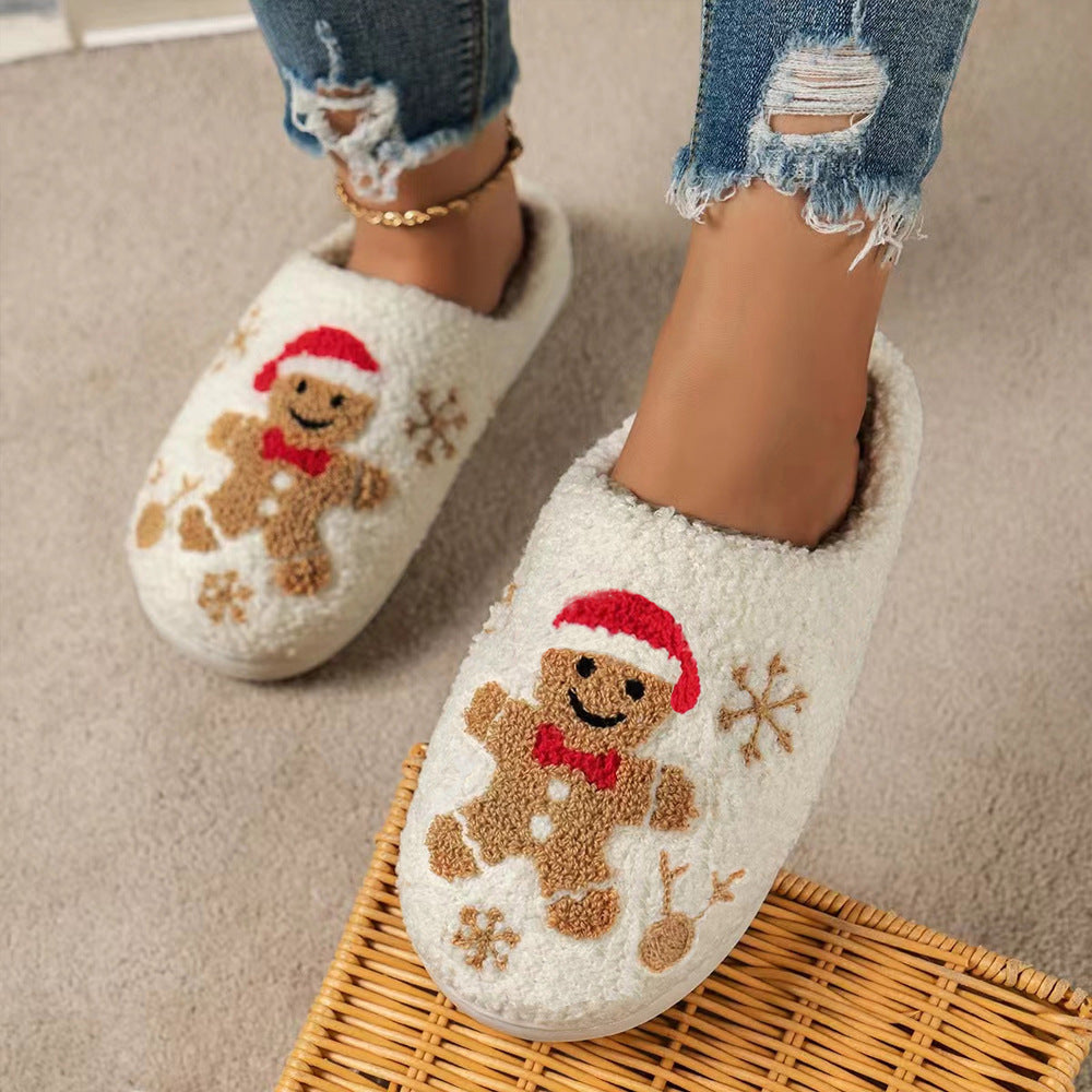 Christmas Slippers Gingerbread Slippers Women and Men Holiday Halloween Slippers Indoor Bedroom Fluffy Warm Fleece Slippers Winter Soft Cozy Home Non-Slip Soft Plush Slip-on Wool Lined House Shoes