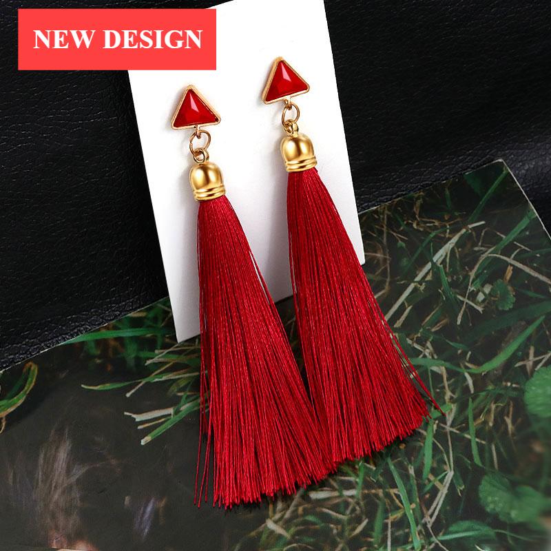 Bohemian Tassel Crystal Long Drop Earrings for Women Red Cotton Silk Fabric Fringe Earrings Fashion Woman Jewelry