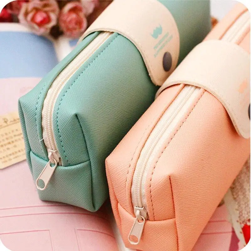 Candy Color Unique Design PU Leather Metal Button Pencil Cases For Girls Cute Stationary Boy Pencil Pouch For Students