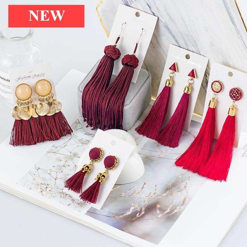 Bohemian Tassel Crystal Long Drop Earrings for Women Red Cotton Silk Fabric Fringe Earrings Fashion Woman Jewelry