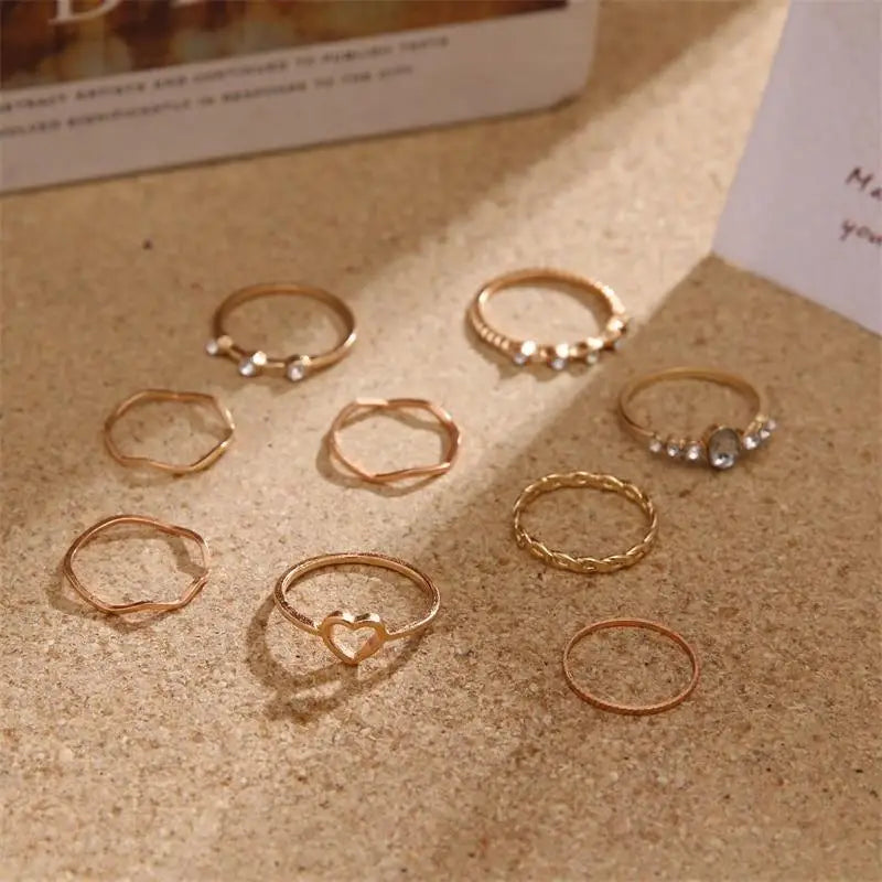 Charming 9 PCs Combo Bohemian And Vintage Style Golden Knuckle Rings Set for Women and Girls - Gold Finger Rings