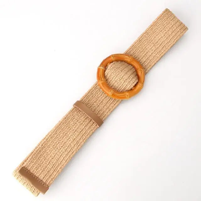 Charming Women Waist Belt Classic Round Wooden Buckle Casual Design Dress Women Buckle Waist Dress Band - STEVVEX Fashion - 702, belt, belt for women, belts, casual belt, classic belt, elastic belt, elegant belt, fashion belt, new design belt, retro belt, round buckle belt, straw woven belt, stylish belt, trendy belt, vintage belt, wide strap belt, women belts, wooden buckle belt, wooden style belt, woven belt - Stevvex.com