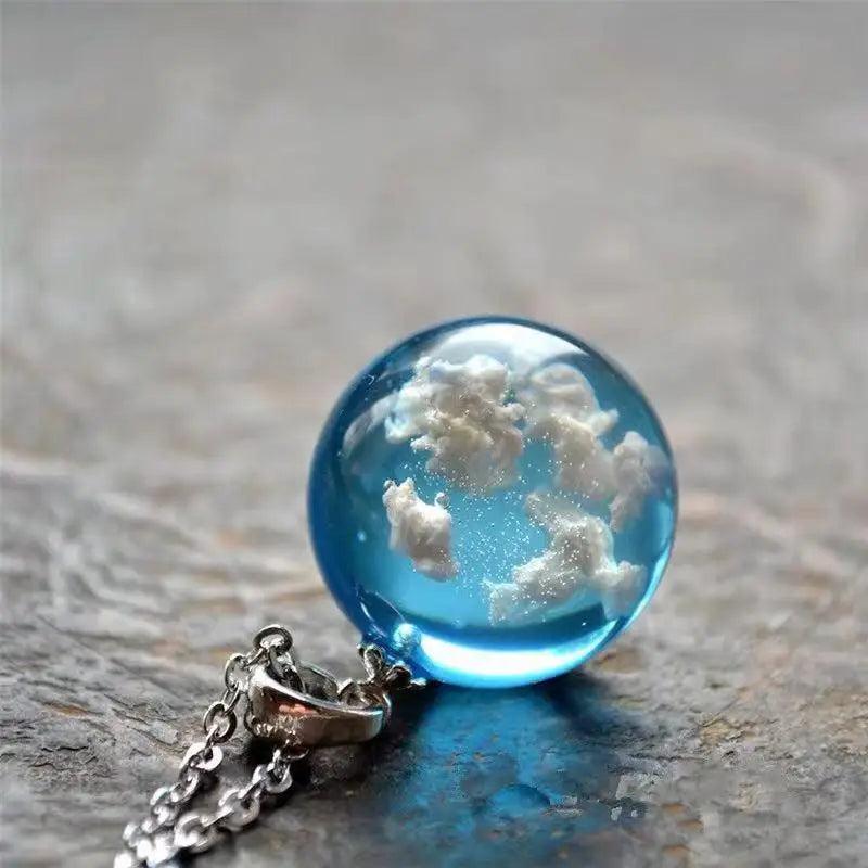 Chic Transparent Resin Round Ball Blue Sky White Cloud Moon Pendant Necklace for Women - Fashion Chain Necklace Jewelry