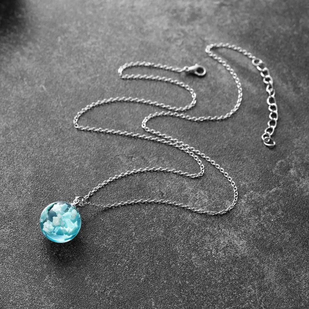 Chic Transparent Resin Round Ball Blue Sky White Cloud Moon Pendant Necklace for Women - Fashion Chain Necklace Jewelry