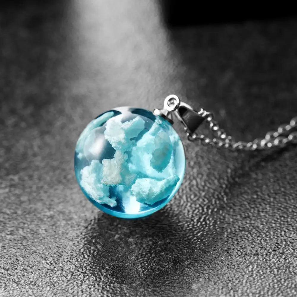 Chic Transparent Resin Round Ball Blue Sky White Cloud Moon Pendant Necklace for Women - Fashion Chain Necklace Jewelry