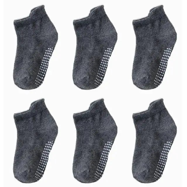 Children Cotton 6 Pairs/Set Anti - slip Socks For Boys Girl Rubber Kid Floor Sock With Grips For To 6 Years Kids - Dark