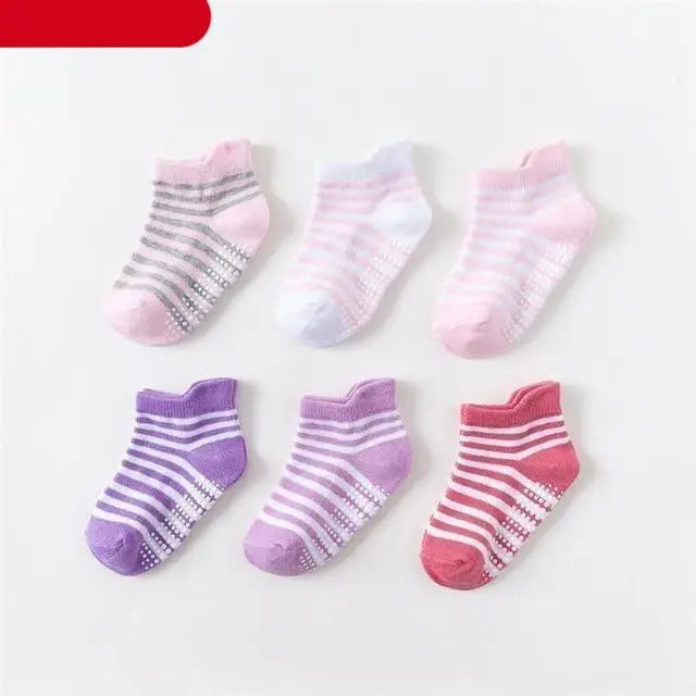 Children Cotton 6 Pairs/Set Anti - slip Socks For Boys Girl Rubber Kid Floor Sock With Grips For To 6 Years Kids - Pink