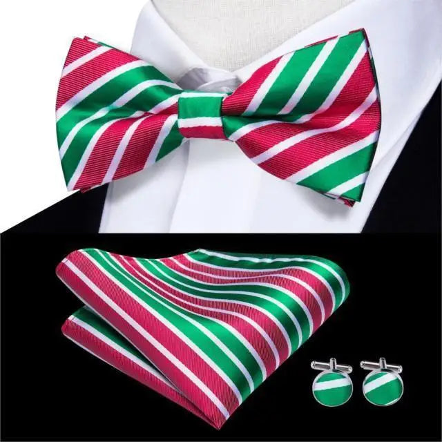 Classic Green Bow Ties Men Silk Butterfly Tie With Pocket Square And Cufflinks Set For Men Elegant Design Wedding Party