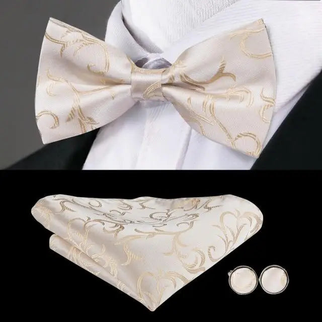 Classic Green Bow Ties Men Silk Butterfly Tie With Pocket Square And Cufflinks Set For Men Elegant Design Wedding Party