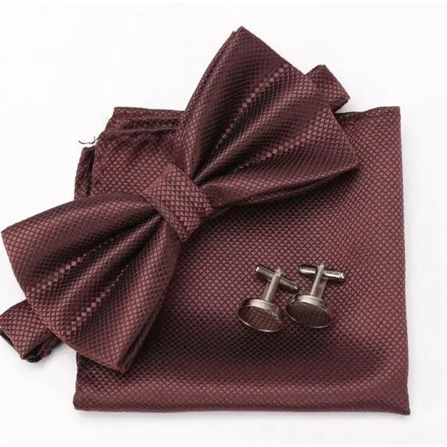 Classic Men Bowtie Cufflinks Set Casual Men’s Fashionable Style Solid Color Bowties Elegant Accessories - Brown