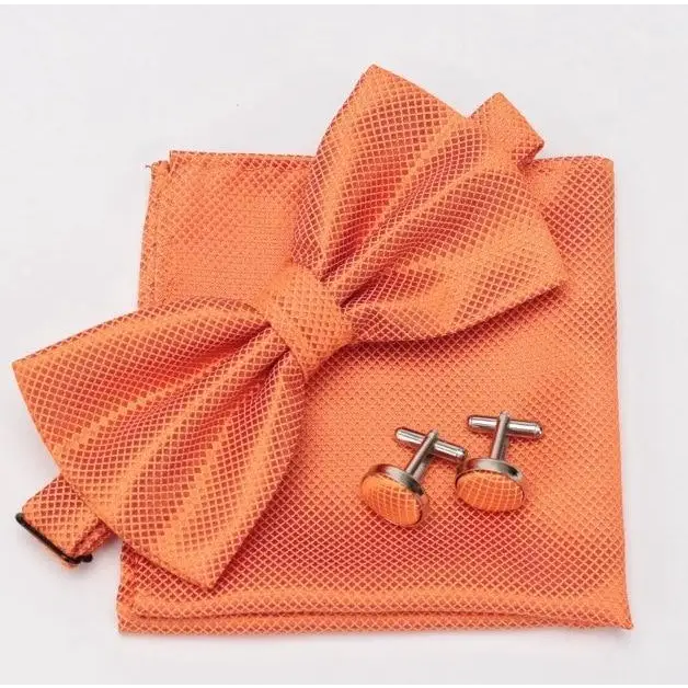 Classic Men Bowtie Cufflinks Set Casual Men’s Fashionable Style Solid Color Bowties Elegant Accessories - Orange