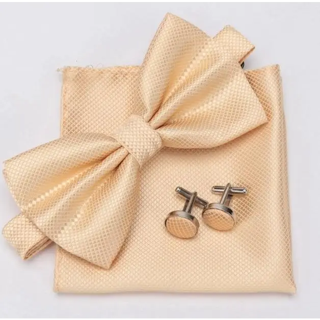 Classic Men Bowtie Cufflinks Set Casual Men’s Fashionable Style Solid Color Bowties Elegant Accessories - Champagne