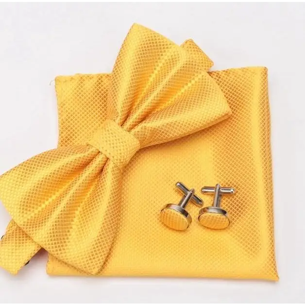 Classic Men Bowtie Cufflinks Set Casual Men’s Fashionable Style Solid Color Bowties Elegant Accessories - Gold