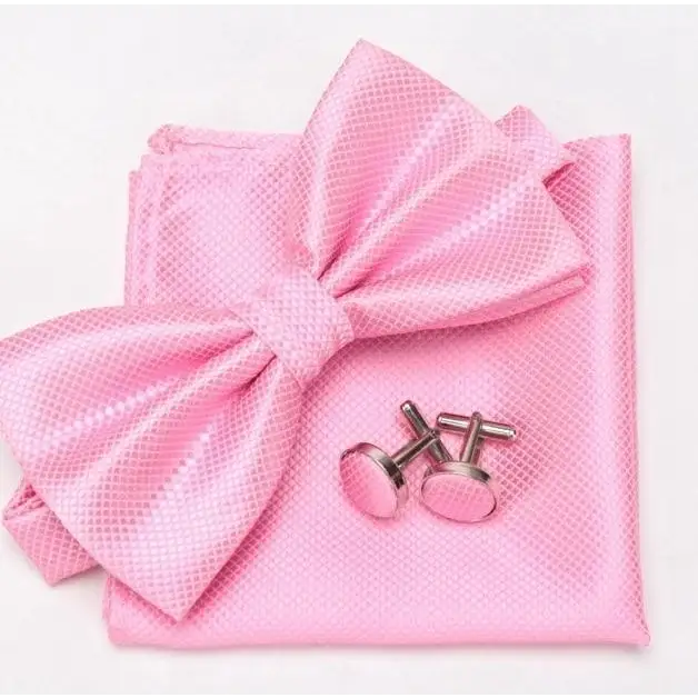 Classic Men Bowtie Cufflinks Set Casual Men’s Fashionable Style Solid Color Bowties Elegant Accessories - Pink