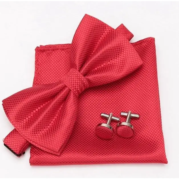 Classic Men Bowtie Cufflinks Set Casual Men’s Fashionable Style Solid Color Bowties Elegant Accessories - Red