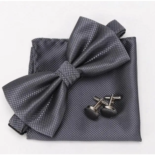 Classic Men Bowtie Cufflinks Set Casual Men’s Fashionable Style Solid Color Bowties Elegant Accessories - Dark grey