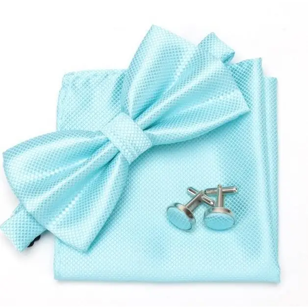 Classic Men Bowtie Cufflinks Set Casual Men’s Fashionable Style Solid Color Bowties Elegant Accessories - Light blue