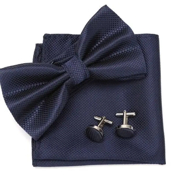 Classic Men Bowtie Cufflinks Set Casual Men’s Fashionable Style Solid Color Bowties Elegant Accessories - Navy blue