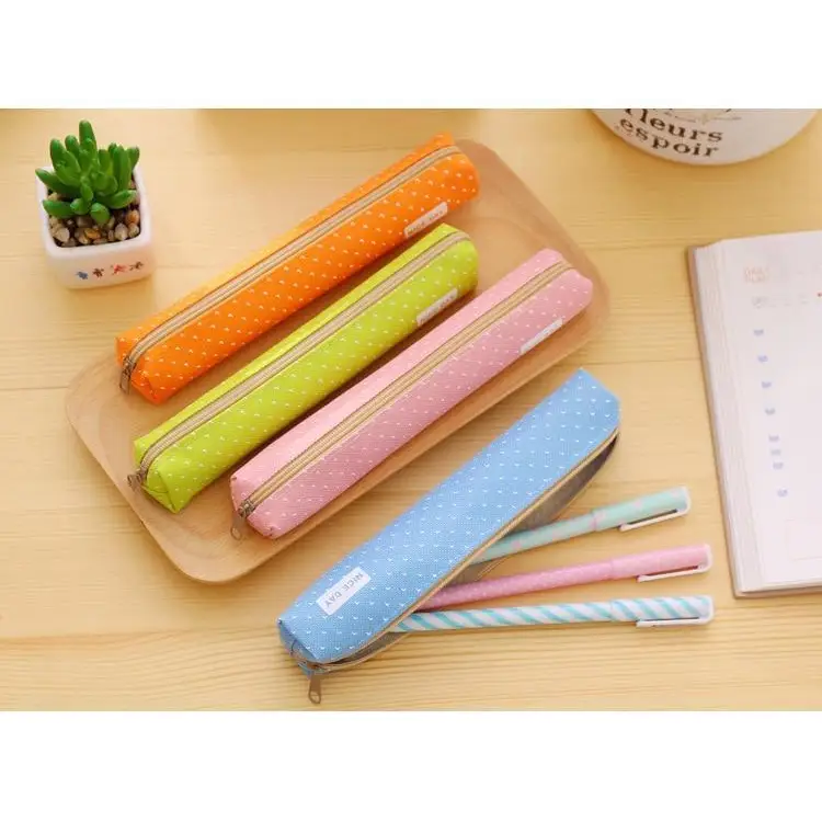 Classic Simple Candy Color Slim Canvas Pencil Pouch Pencil Bag For School Office Dot Printed Students Pencil Case