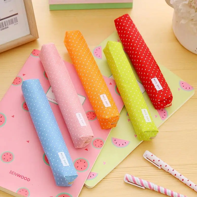 Classic Simple Candy Color Slim Canvas Pencil Pouch Pencil Bag For School Office Dot Printed Students Pencil Case