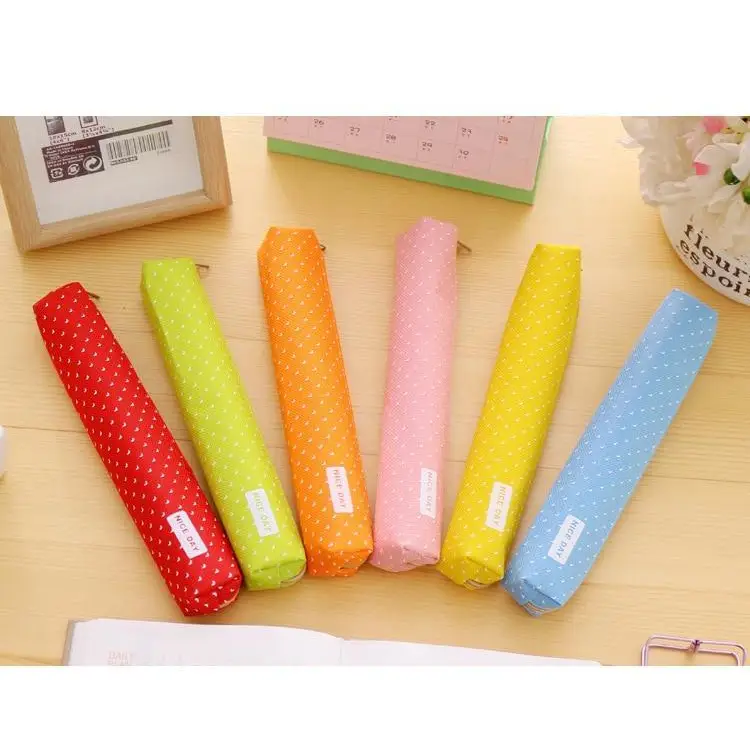 Classic Simple Candy Color Slim Canvas Pencil Pouch Pencil Bag For School Office Dot Printed Students Pencil Case