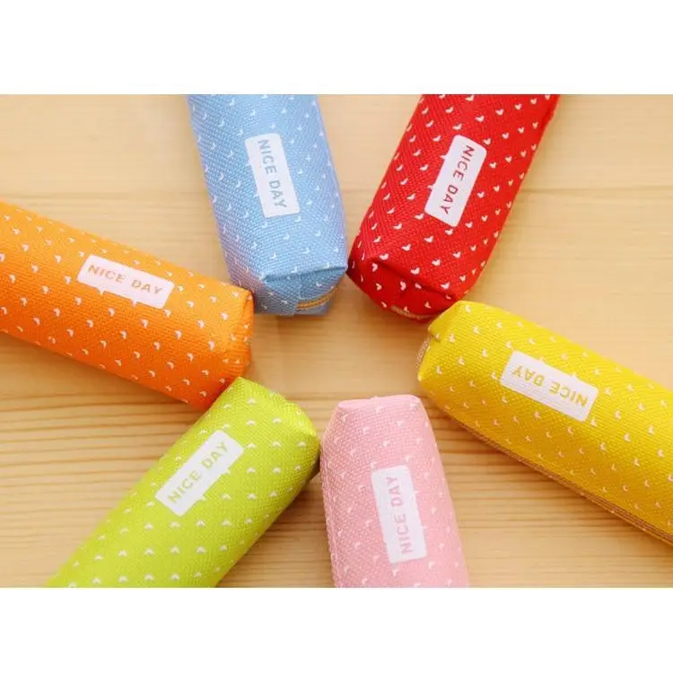 Classic Simple Candy Color Slim Canvas Pencil Pouch Pencil Bag For School Office Dot Printed Students Pencil Case