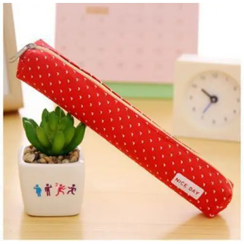 Classic Simple Candy Color Slim Canvas Pencil Pouch Pencil Bag For School Office Dot Printed Students Pencil Case - Red