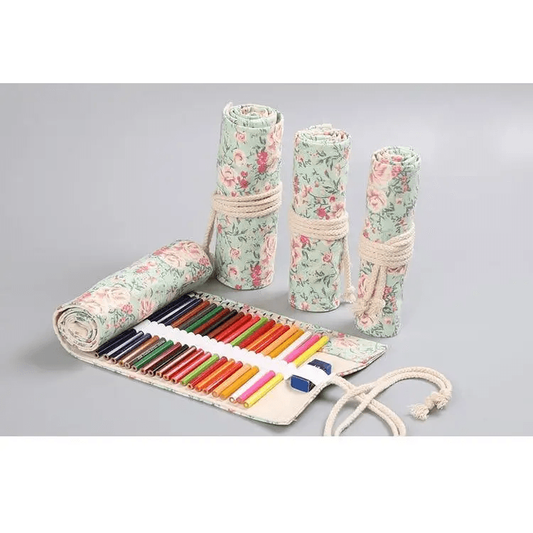 Colorful Roll Up Pencil Case Canvas Flowers Style Colored Pencils Wrap Multi - Purpose Pen Holder Cute Case