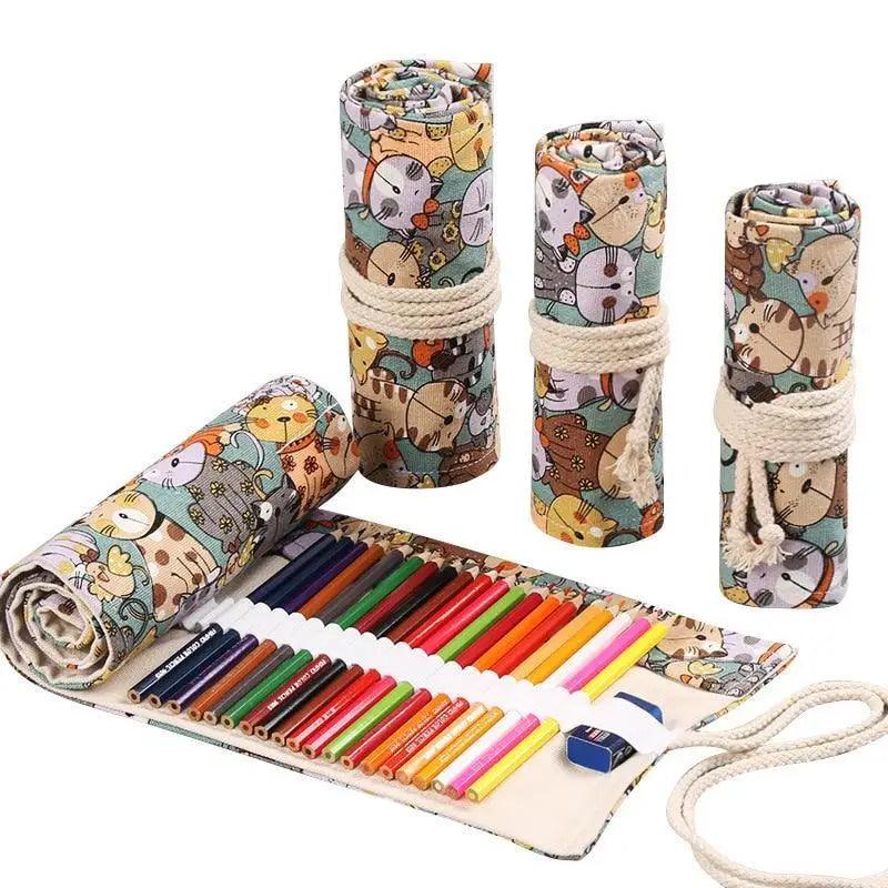 Colorful Roll Up Pencil Case Canvas Flowers Style Colored Pencils Wrap Multi - Purpose Pen Holder Cute Case