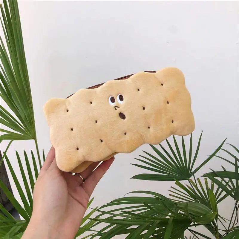 Cute Biscuit Shape Plush Pencil Bag Unique Soft School Classic Cookies Stylish Large Capacity Pouch Pencil Pouch