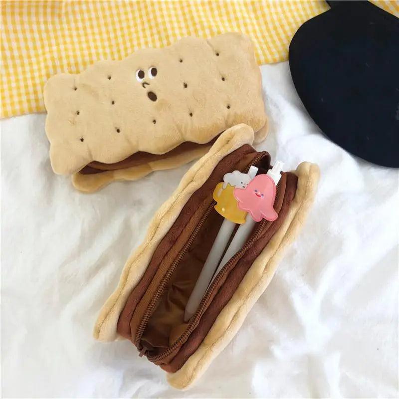 Cute Biscuit Shape Plush Pencil Bag Unique Soft School Classic Cookies Stylish Large Capacity Pouch Pencil Pouch