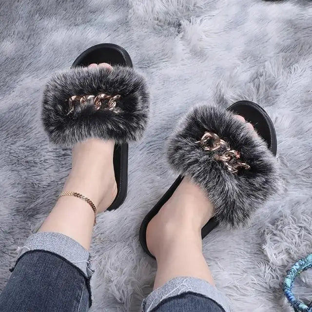 Cute Fluffy Ladies Indoor Warm Slippers Furry Luxury Flip Flops Women’s Fashion Flat Soft Flip Flops - Grey / 36 - 37