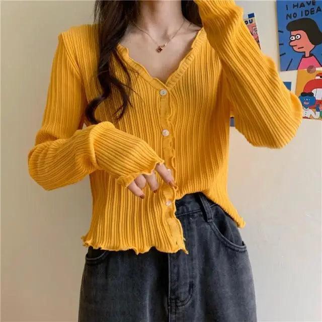 Cute Short Sweater Women V - Neck Knitted Cardigan Fashionable Single Breasted Women Elasticity Cropped Cardigan