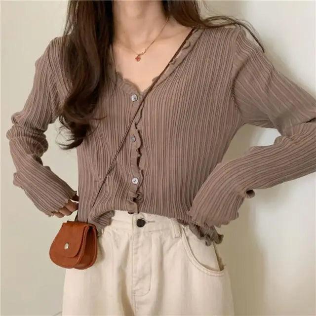 Cute Short Sweater Women V - Neck Knitted Cardigan Fashionable Single Breasted Women Elasticity Cropped Cardigan