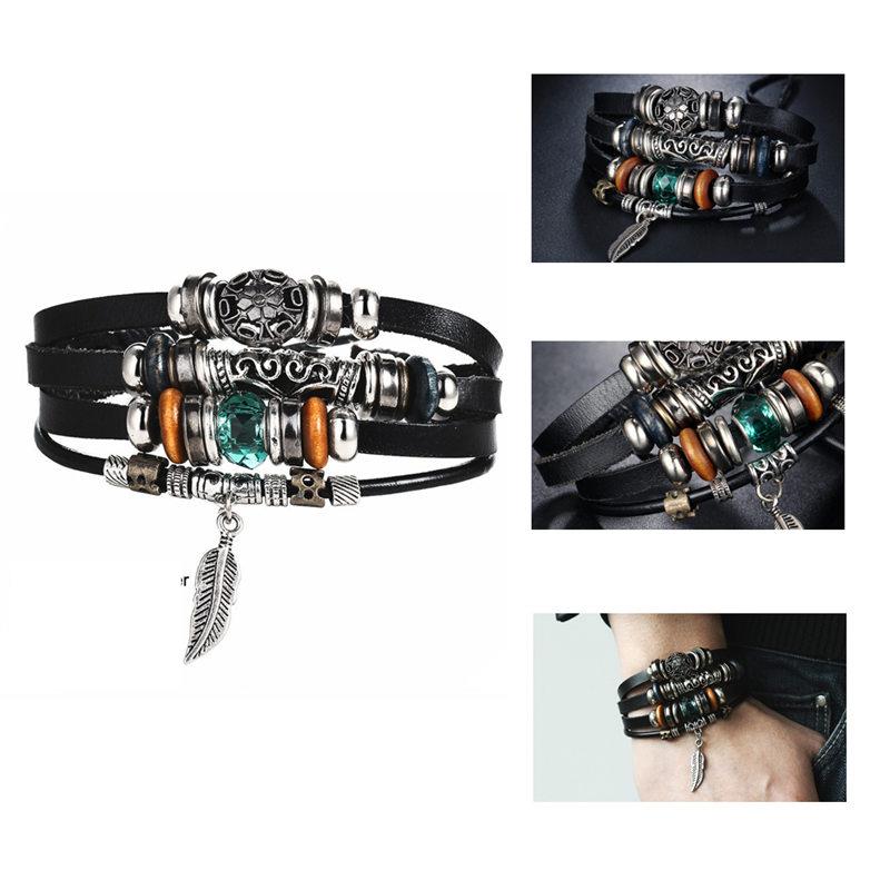 BOHO Tibet Stone Feather Multilayer Leather Bracelet Eye Fish Charms Beads Bracelets For Men Vintage Punk Wrap Wristband Cool Jewelry