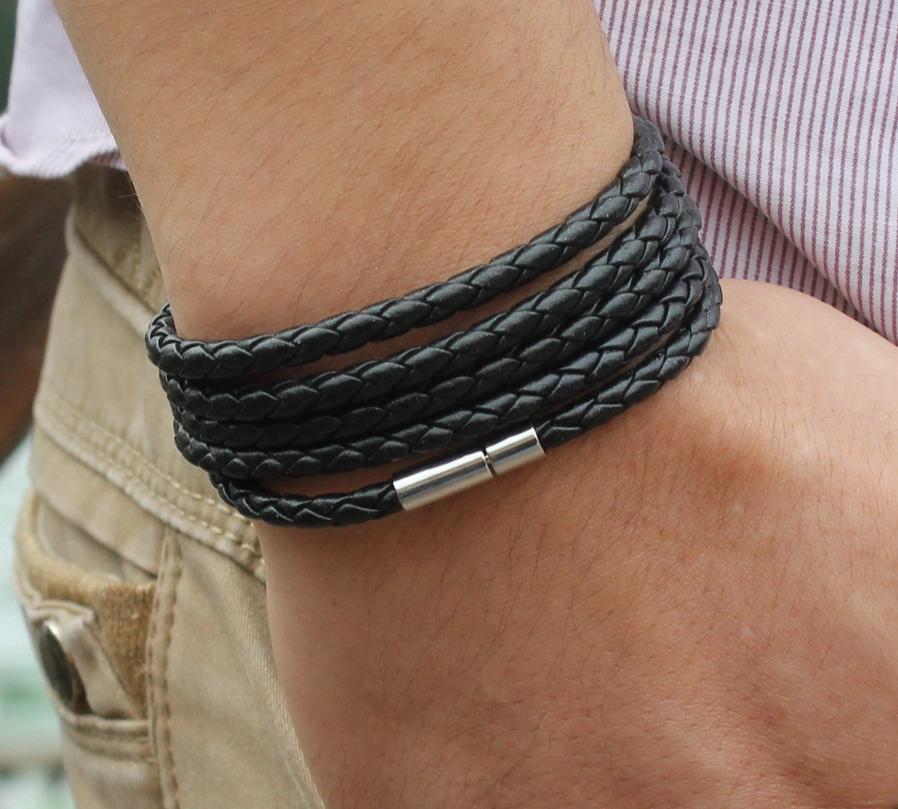 NEW Trendy Black Retro Wrap Long Leather Men Brecelets Bangles Fashion Sporty Chain Link Male Charm Bracelet