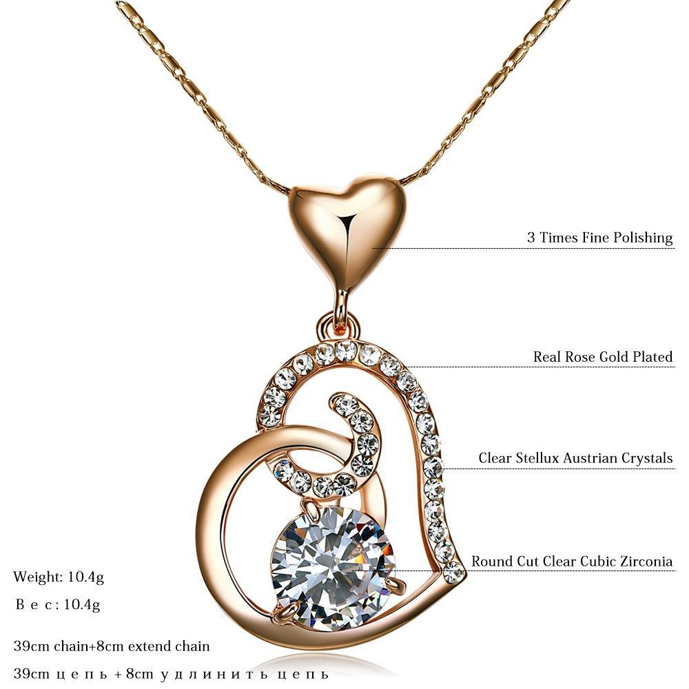 Rose Gold Color Clear Austrian Crystals Double Heart Pendant Necklace for Valentine's Day Gift of Love In Luxury Diamond Style