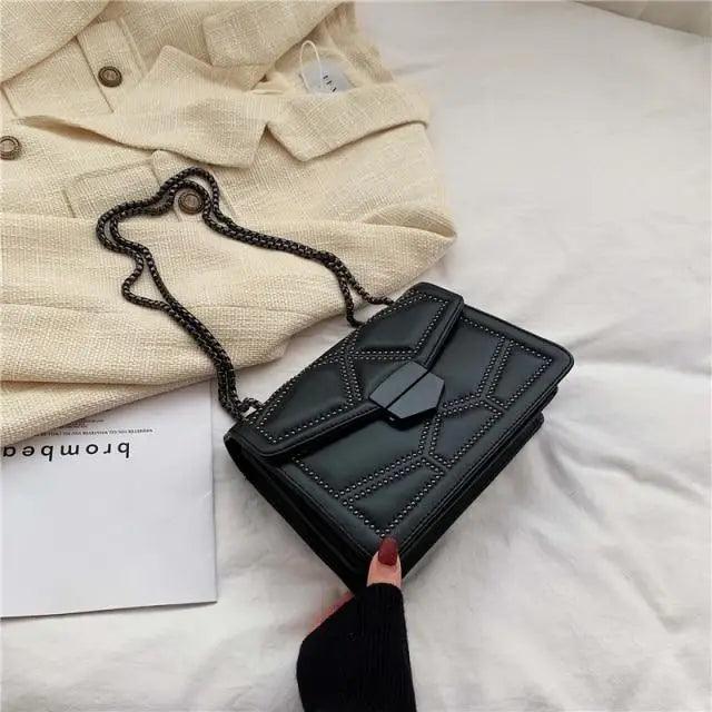 Delighted Black PU Leather Crossbody Chain Bags For Women And Girls Simple Fashionable Shoulder Small Handbags - Black