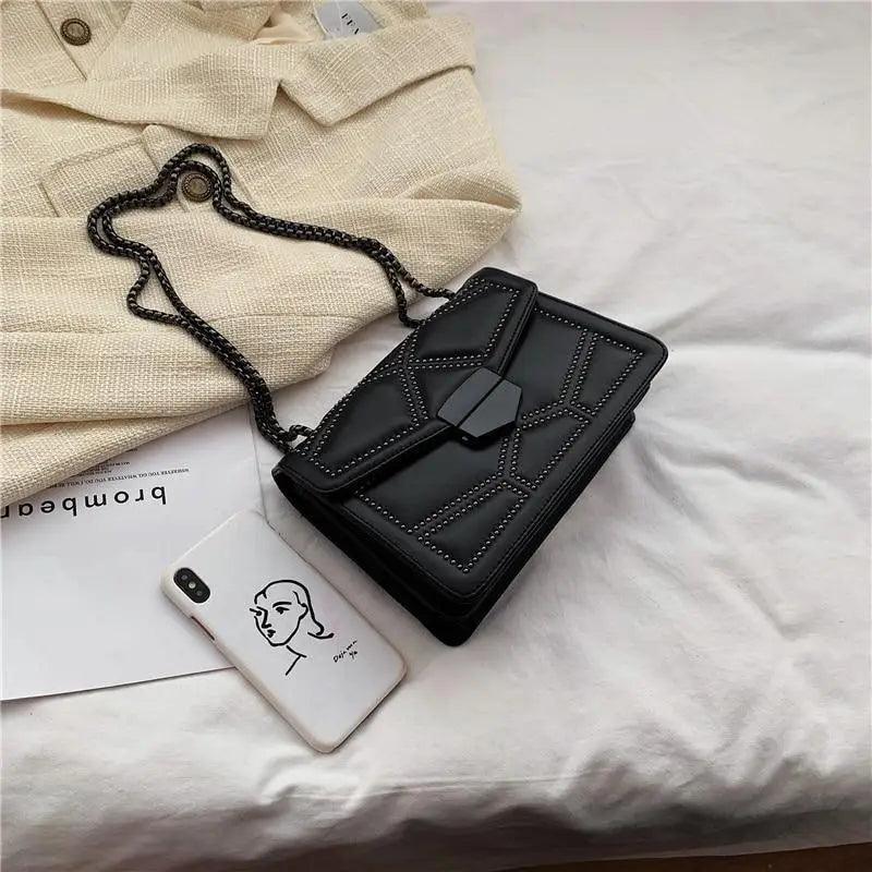 Delighted Black PU Leather Crossbody Chain Bags For Women And Girls Simple Fashionable Shoulder Small Handbags