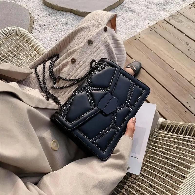 Delighted Black PU Leather Crossbody Chain Bags For Women And Girls Simple Fashionable Shoulder Small Handbags