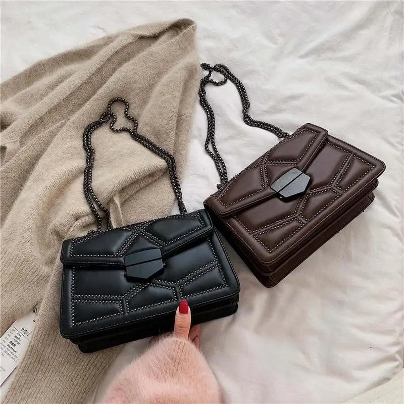 Delighted Black PU Leather Crossbody Chain Bags For Women And Girls Simple Fashionable Shoulder Small Handbags