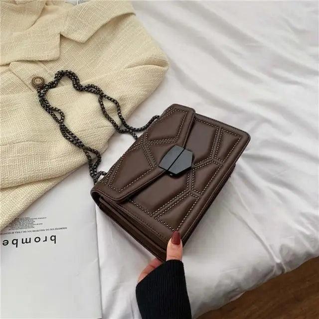 Delighted Black PU Leather Crossbody Chain Bags For Women And Girls Simple Fashionable Shoulder Small Handbags - Coffee