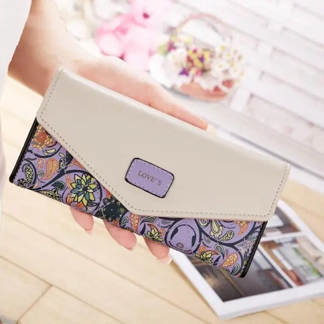 Delightful Small Floral PU Leather Money Purse For Women And Girls Fashion Designer Buckle Wallets for Female - Purple