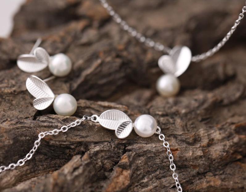 Modern Pearl 925 Stamp Silver Color Jewelry Sets Bud Leaf Pearl Necklace+Earrings+Bracelet For Women Korean Jewelry Style For Girls and  Women