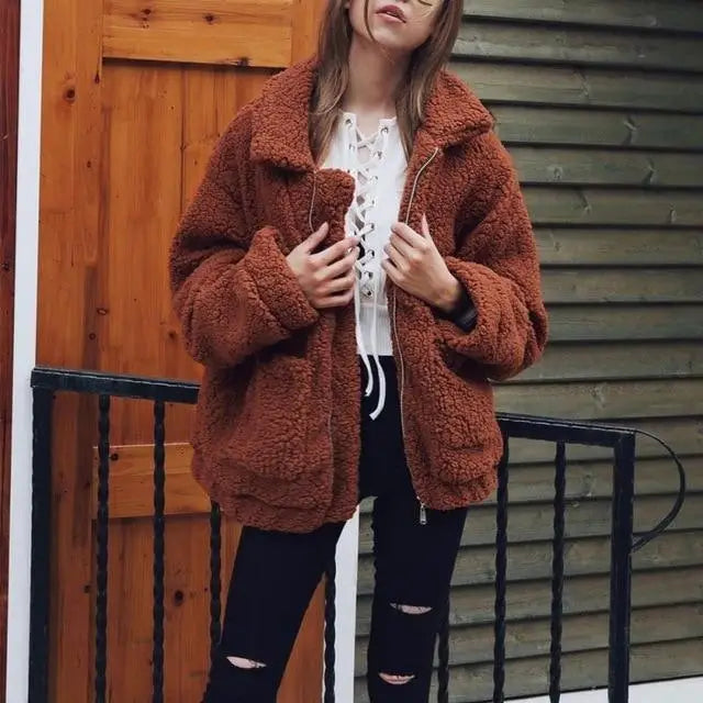 Durable Autumn Winter Faux Fur Coat For Women Casual Warm Soft Zipper Fur Jacket Plush Overcoat Pocket Plus Size Teddy