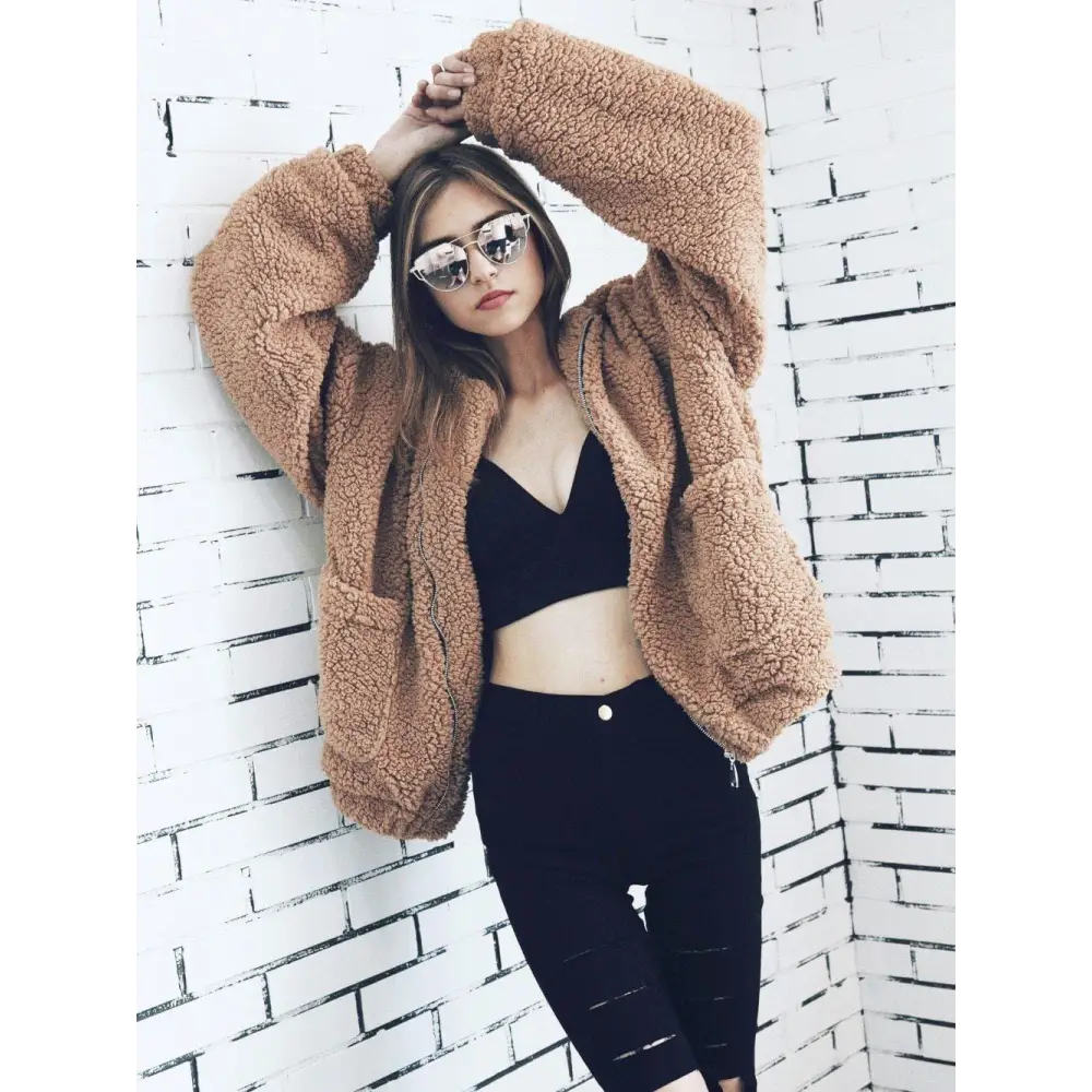 Durable Autumn Winter Faux Fur Coat For Women Casual Warm Soft Zipper Fur Jacket Plush Overcoat Pocket Plus Size Teddy