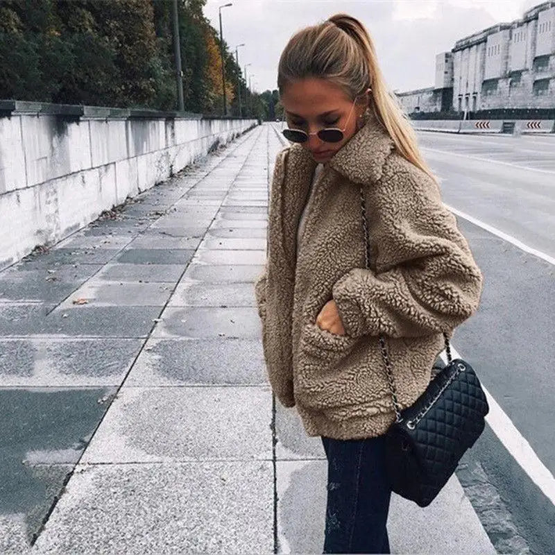 Durable Autumn Winter Faux Fur Coat For Women Casual Warm Soft Zipper Fur Jacket Plush Overcoat Pocket Plus Size Teddy