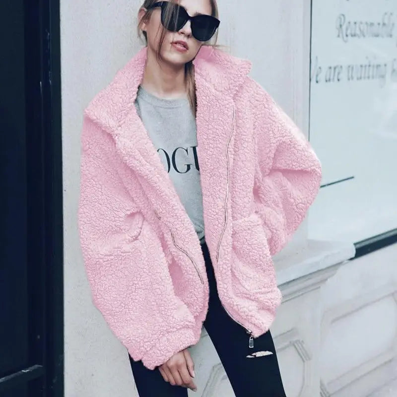 Durable Autumn Winter Faux Fur Coat For Women Casual Warm Soft Zipper Fur Jacket Plush Overcoat Pocket Plus Size Teddy