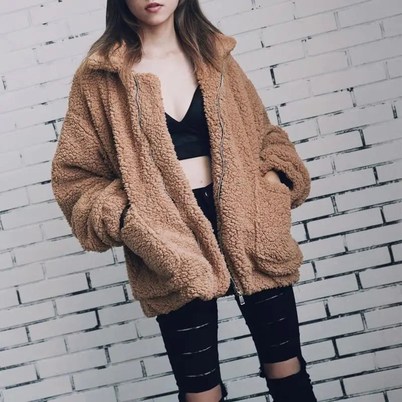 Durable Autumn Winter Faux Fur Coat For Women Casual Warm Soft Zipper Fur Jacket Plush Overcoat Pocket Plus Size Teddy